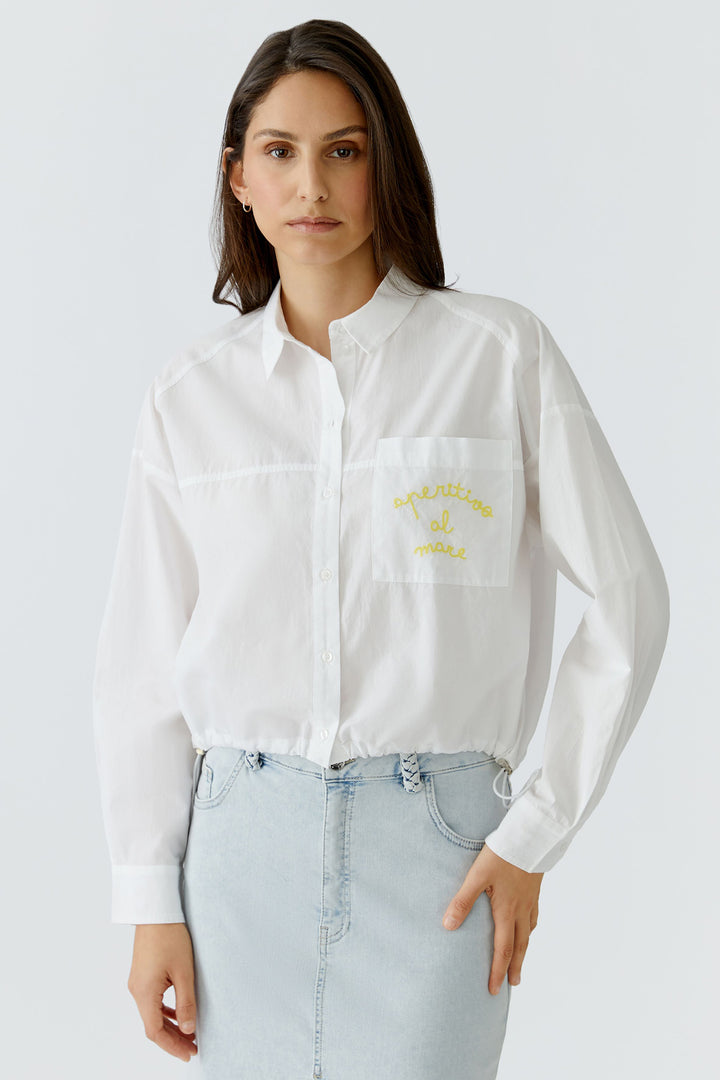 Oui 97538 Optic White Drawstring Waist Blouse