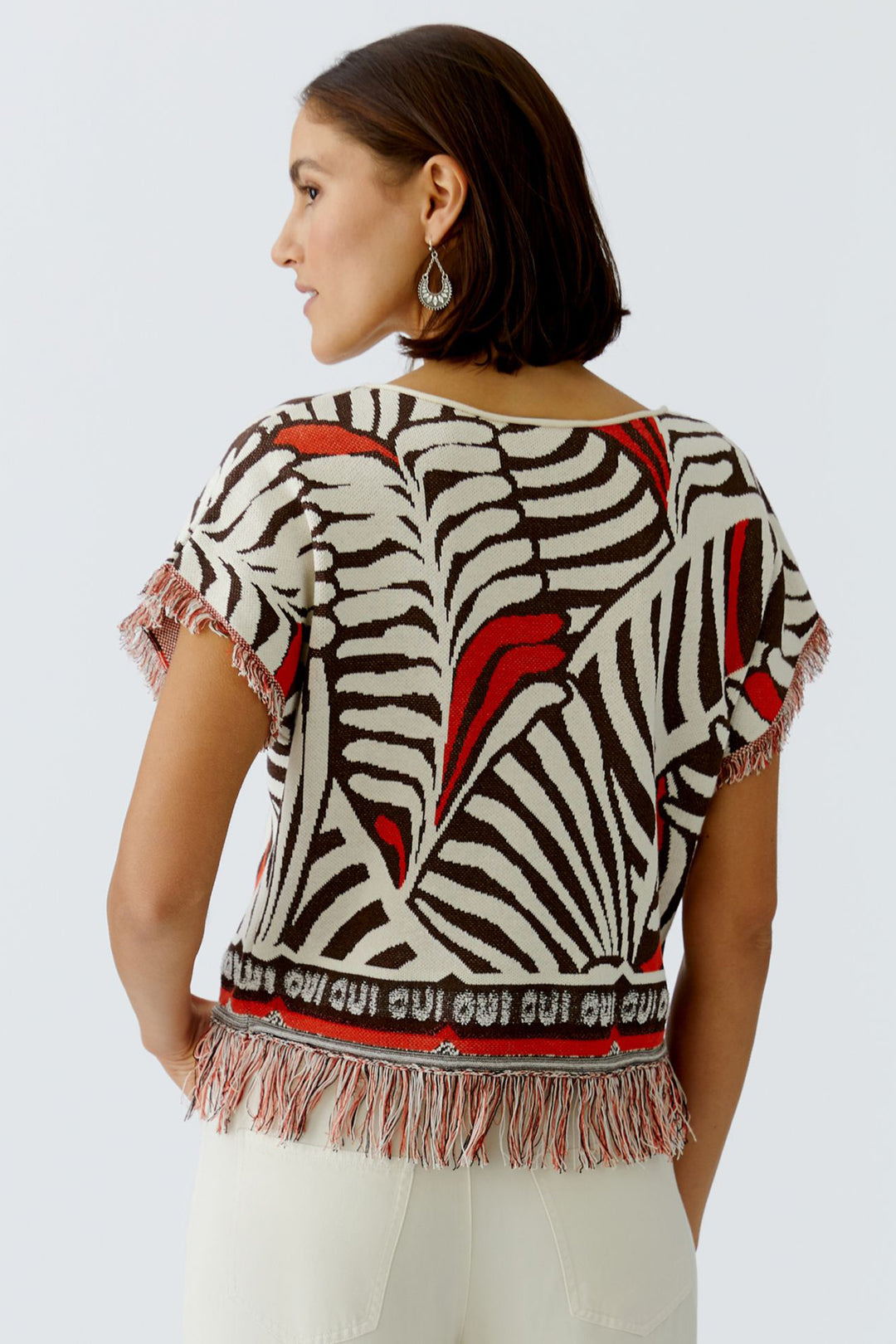 Oui 97558 Dark Brown Print Jumper - Short Sleeve Tassle Edge