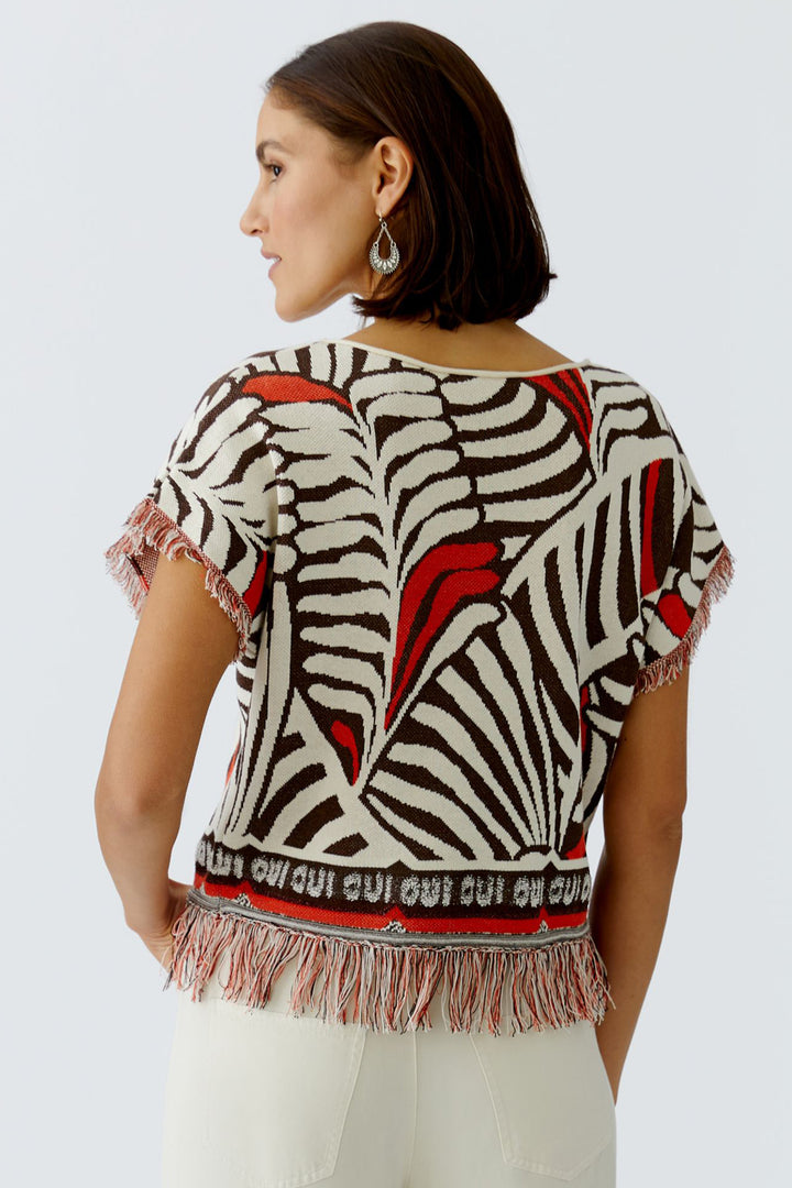 Oui 97558 Dark Brown Print Jumper - Short Sleeve Tassle Edge