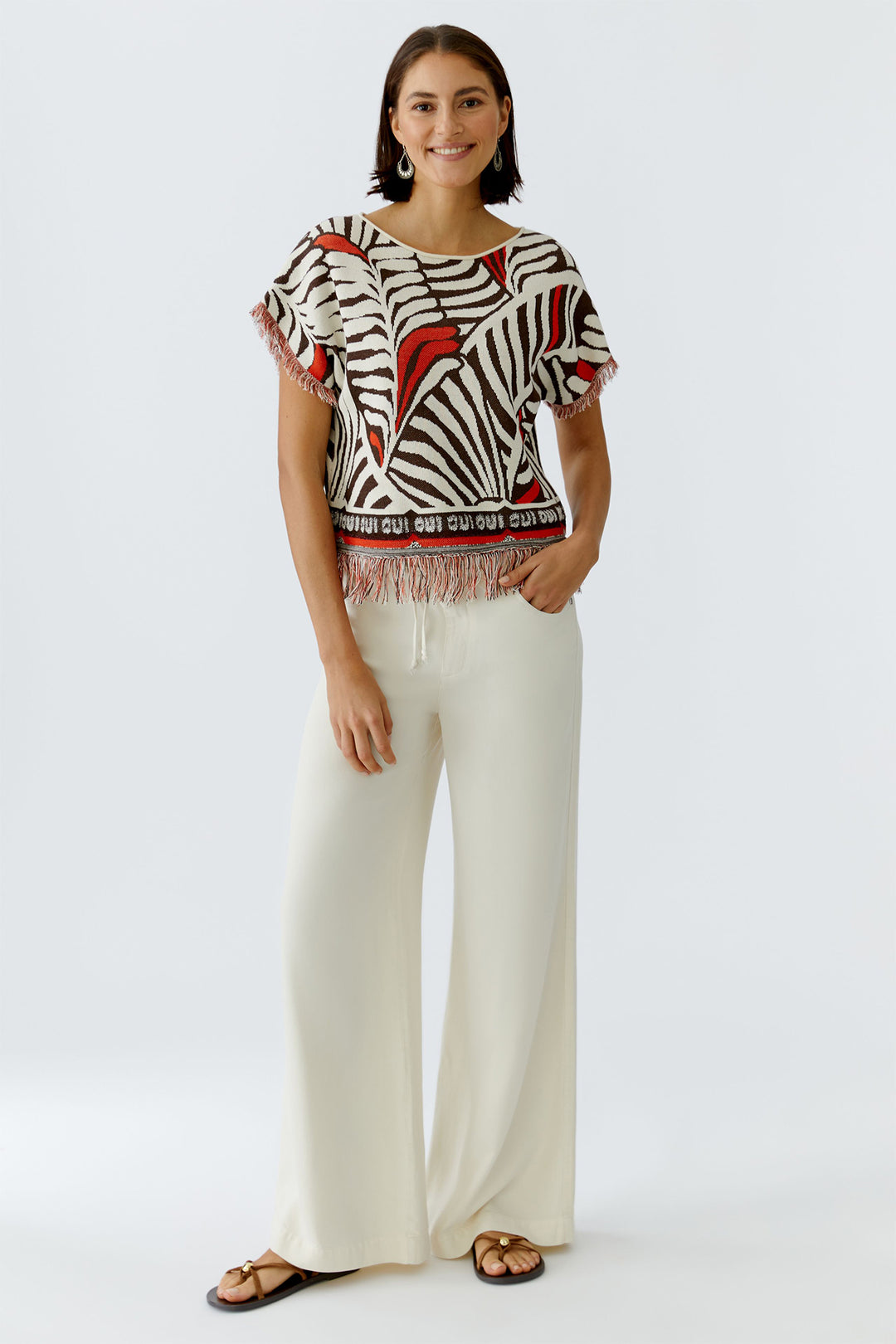 Oui 97558 Dark Brown Print Jumper - Short Sleeve Tassle Edge