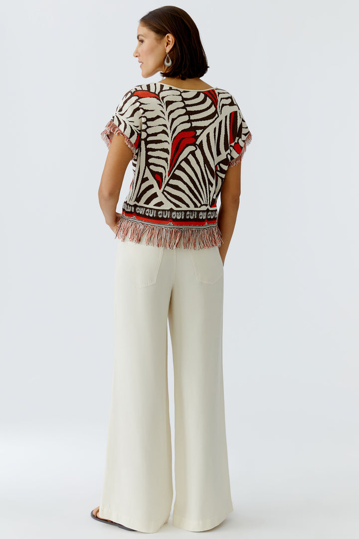 Oui 97558 Dark Brown Print Jumper - Short Sleeve Tassle Edge