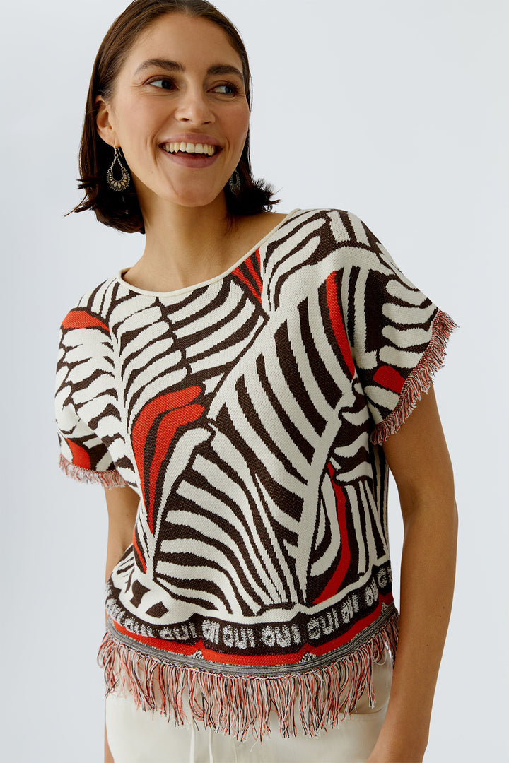 Oui 97558 Dark Brown Print Jumper - Short Sleeve Tassle Edge