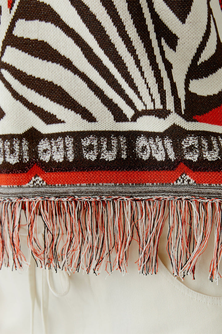 Oui 97558 Dark Brown Print Jumper - Short Sleeve Tassle Edge