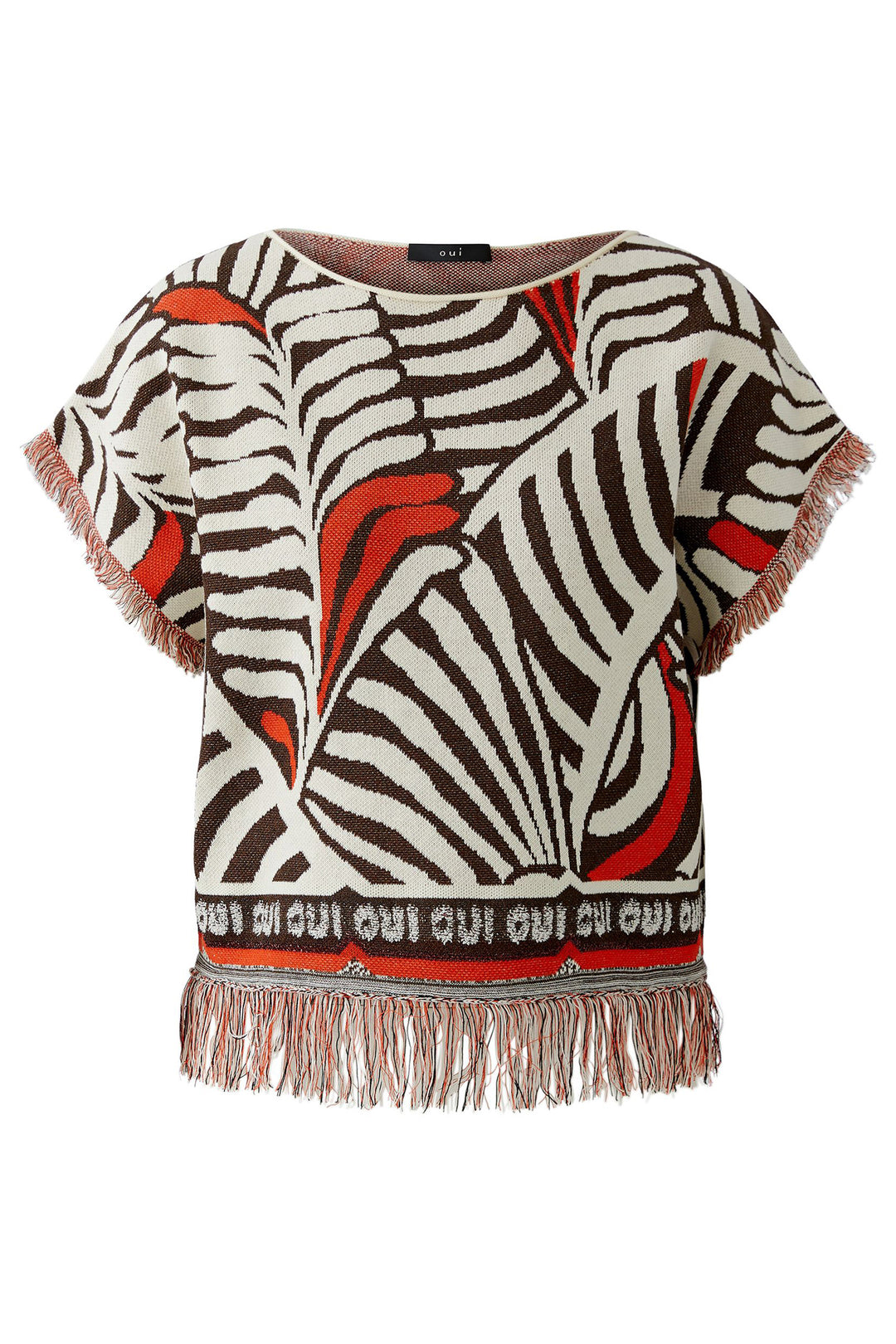 Oui 97558 Dark Brown Print Jumper - Short Sleeve Tassle Edge