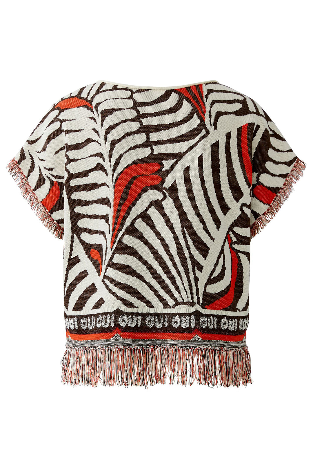 Oui 97558 Dark Brown Print Jumper - Short Sleeve Tassle Edge