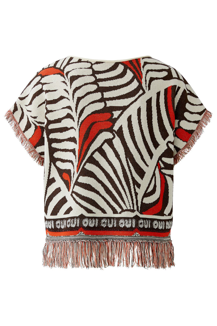 Oui 97558 Dark Brown Print Jumper - Short Sleeve Tassle Edge