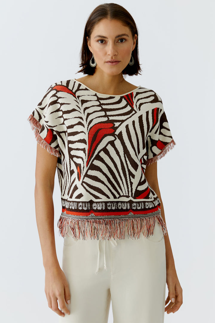 Oui 97558 Dark Brown Print Jumper - Short Sleeve Tassle Edge