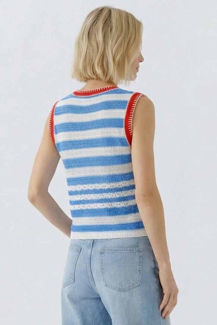 Oui 98576 Light Blue Rose Red Stripe Sleeveless Jumper