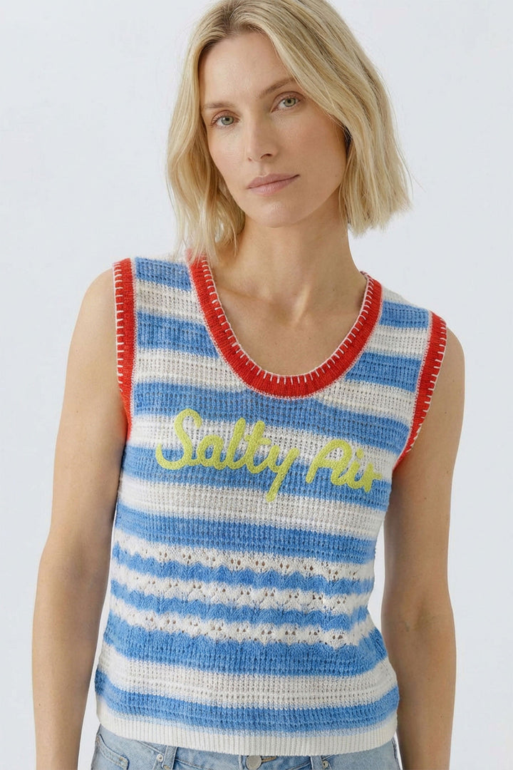 Oui 98576 Light Blue Rose Red Stripe Sleeveless Jumper