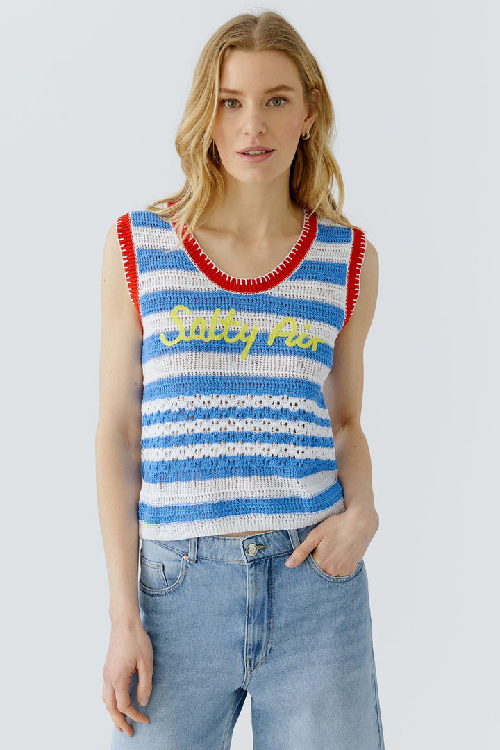 Oui 98576 Light Blue Rose Red Stripe Sleeveless Jumper