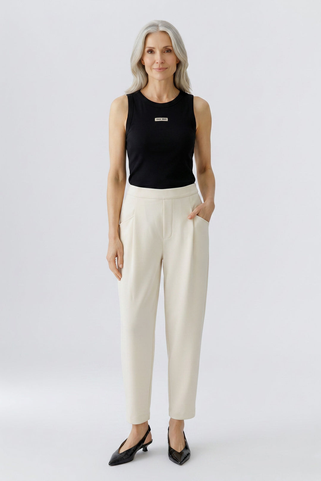 Oui 98666 Whitecap Grey Crop Pull-On Trousers