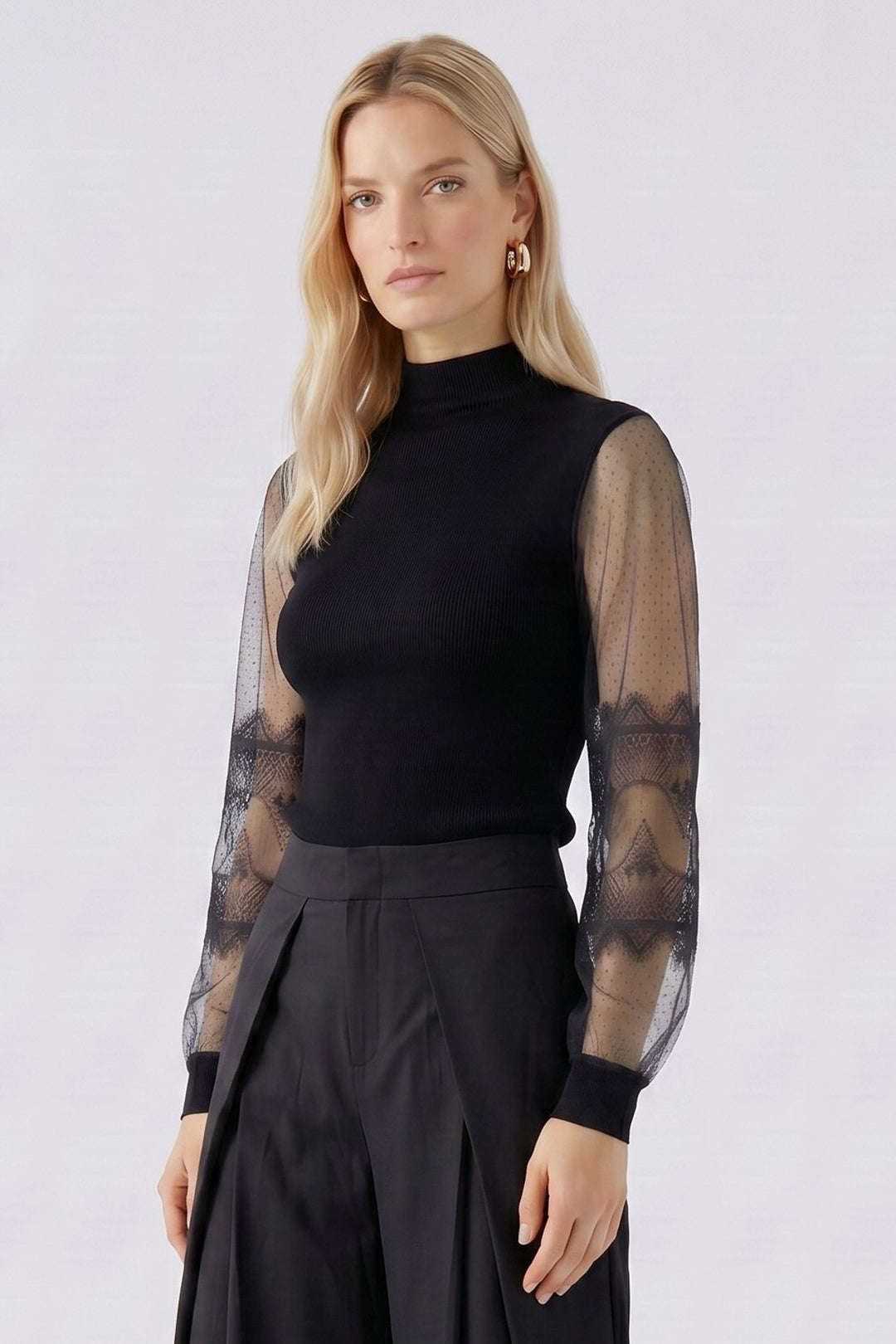 Oui Black High Neck Jumper 100061 9990, front view on model