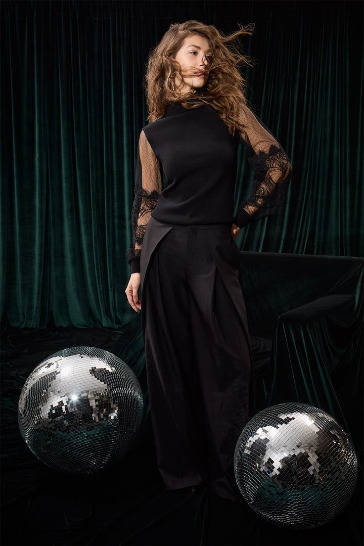 Oui Black High Neck Jumper 100061 9990, styled full length view