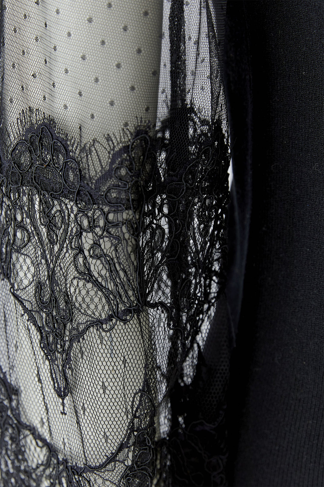 Oui Black High Neck Jumper 100061 9990, close-up of the spot tulle and lace