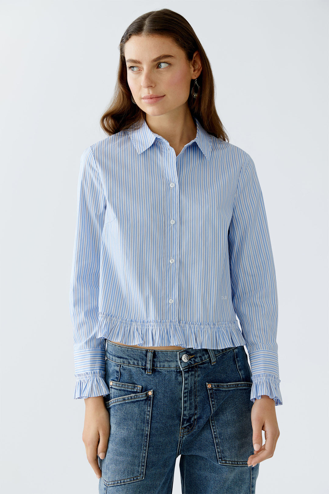 Oui Blouse 94377 Light Blue White Ruffle Hem 0521 - Olivia Grace Fashion