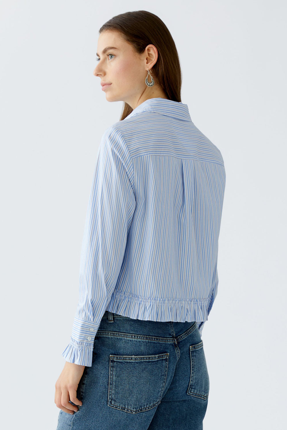 Oui Blouse 94377 Light Blue White Ruffle Hem 0521 - Olivia Grace Fashion