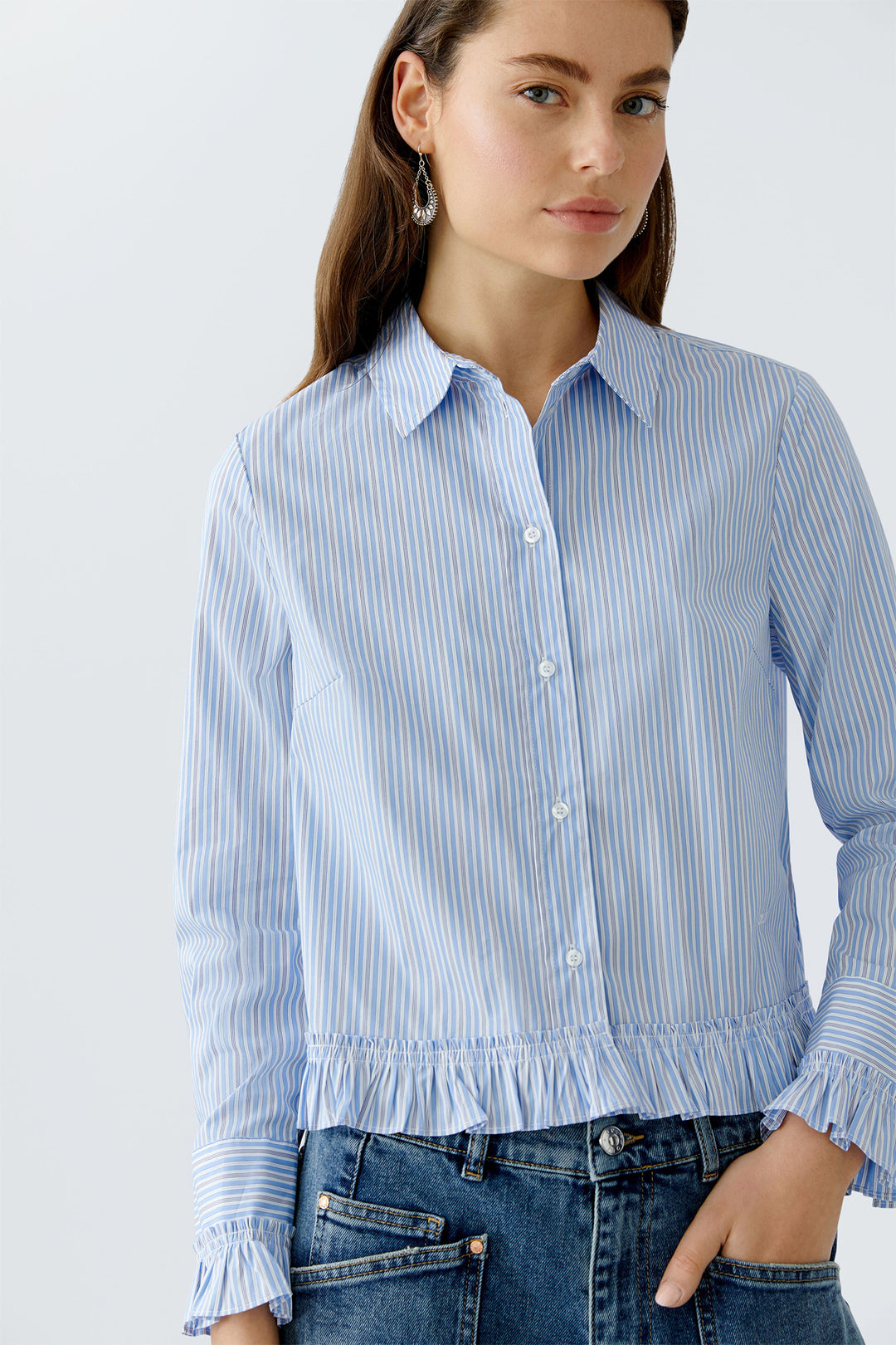 Oui Blouse 94377 Light Blue White Ruffle Hem 0521 - Olivia Grace Fashion