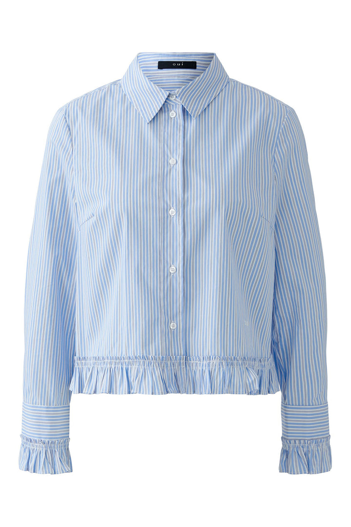 Oui Blouse 94377 Light Blue White Ruffle Hem 0521 - Olivia Grace Fashion