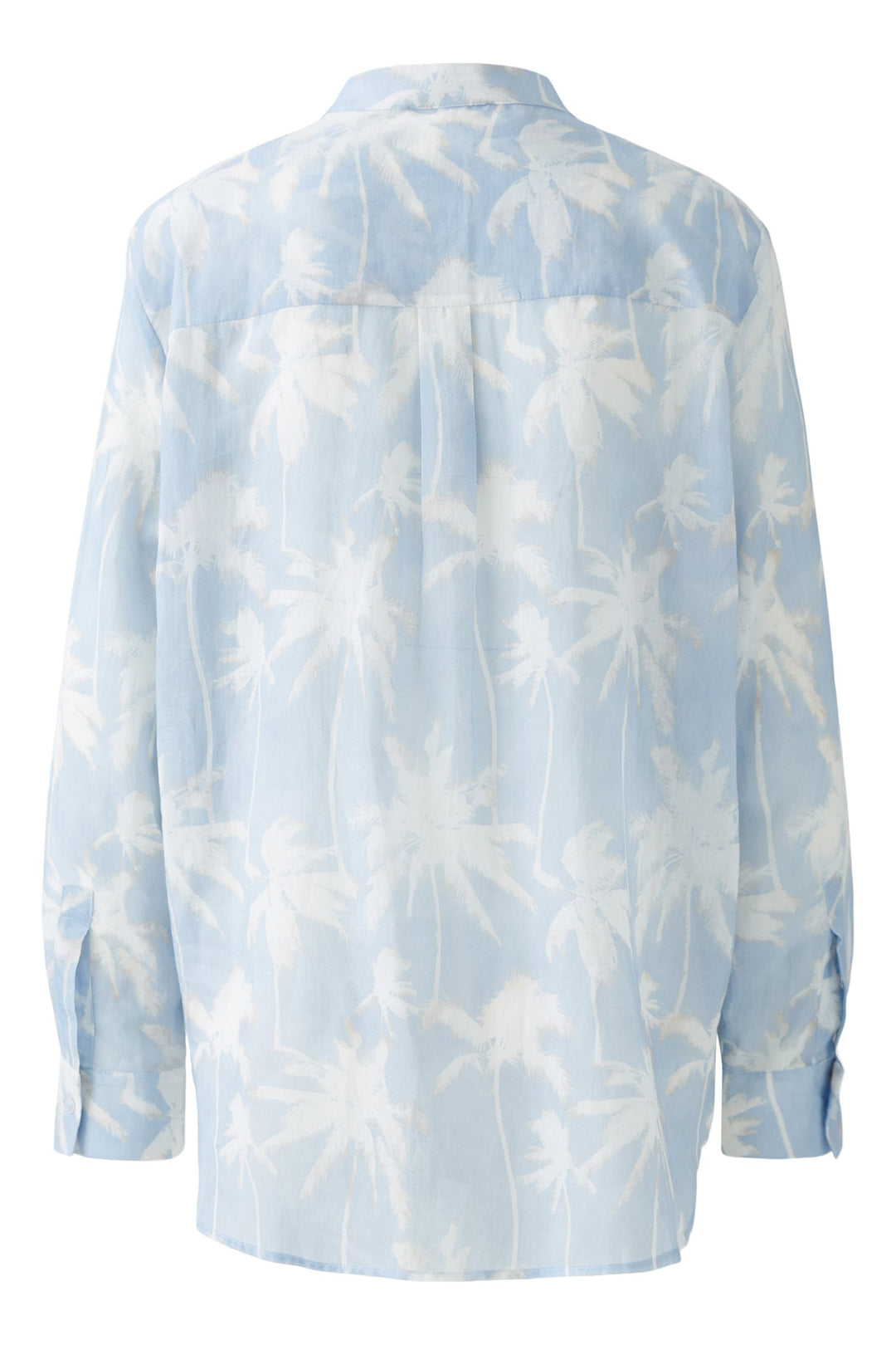 Oui Blouse Collarless Half Placket Blue White Palm Print 93136 0531 - Olivia Grace Fashion