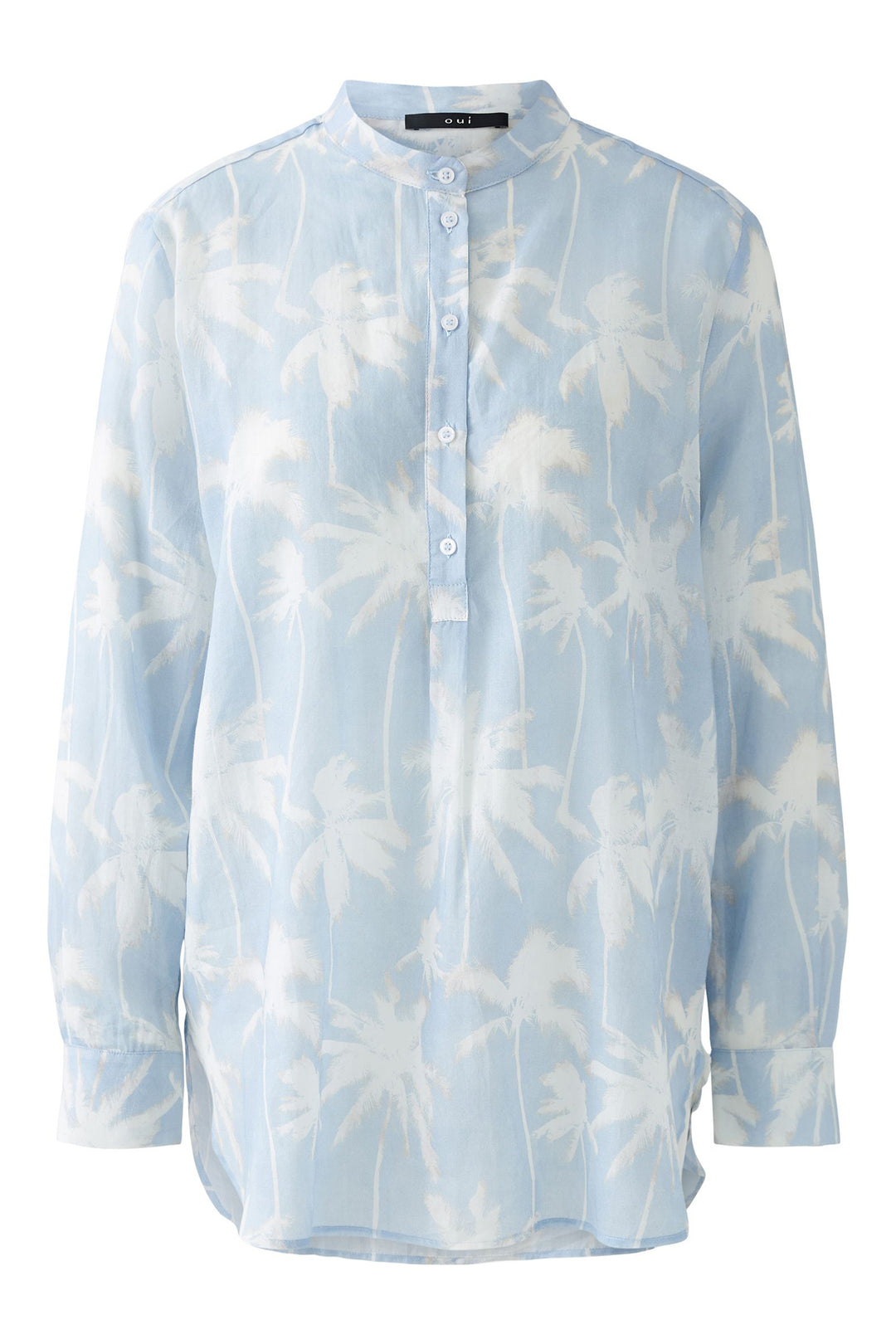 Oui Blouse Collarless Half Placket Blue White Palm Print 93136 0531 - Olivia Grace Fashion