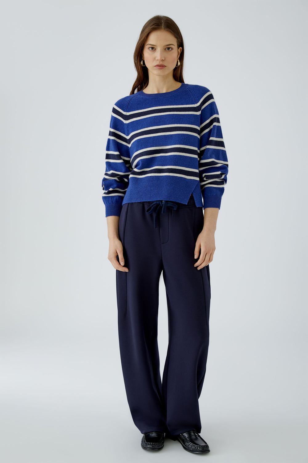 Oui Blue Striped Split Hem Jumper 98042