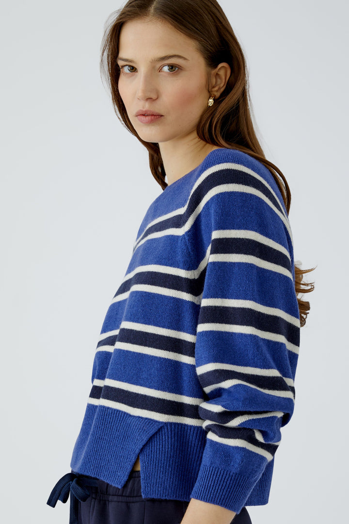 Oui Blue Striped Split Hem Jumper 98042