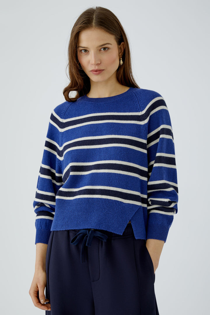 Oui Blue Striped Split Hem Jumper 98042
