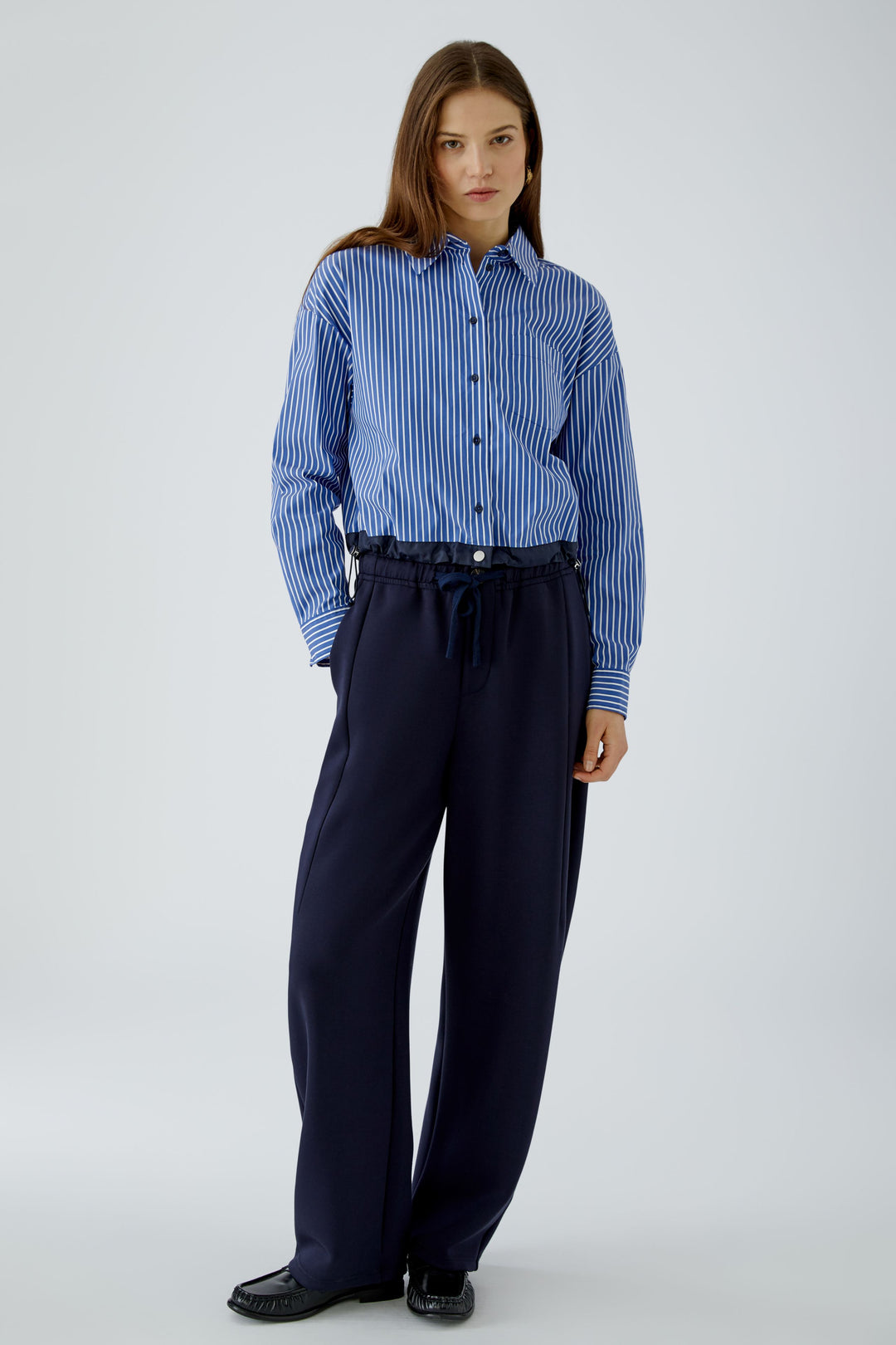Oui blue white stripe drawstring waist blouse at Olivia Grace Fashion