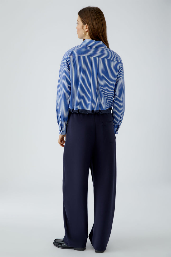 Oui blue white stripe drawstring waist blouse at Olivia Grace Fashion
