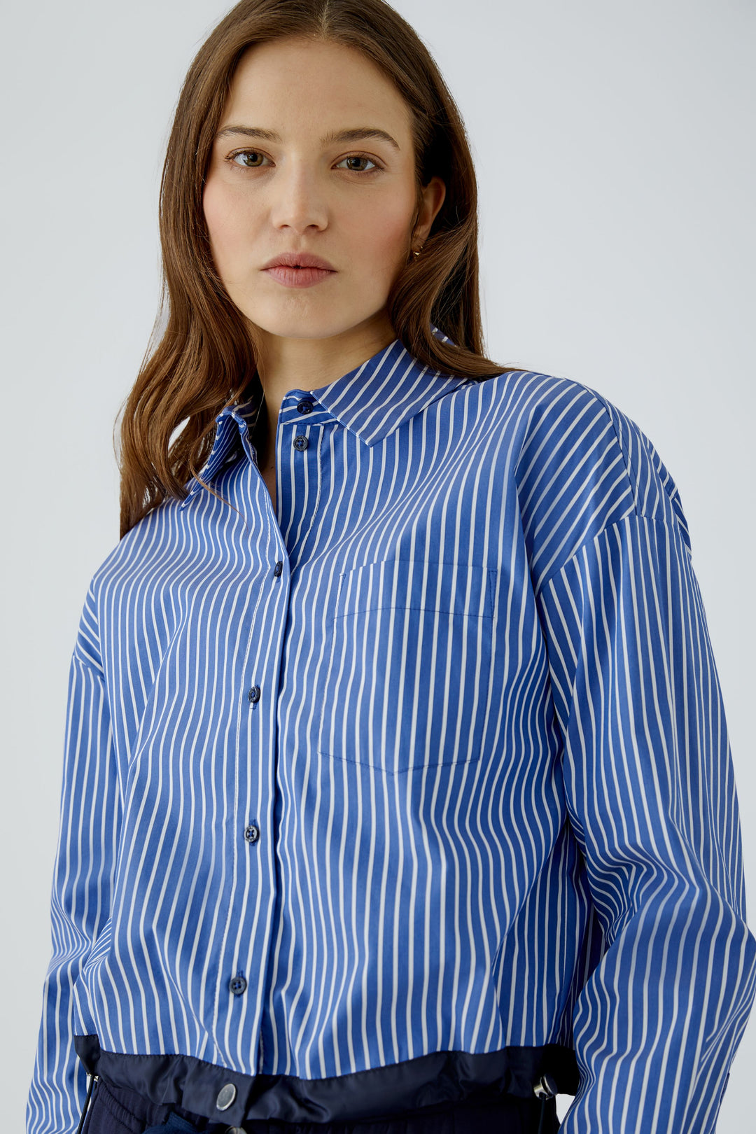 Oui blue white stripe drawstring waist blouse at Olivia Grace Fashion