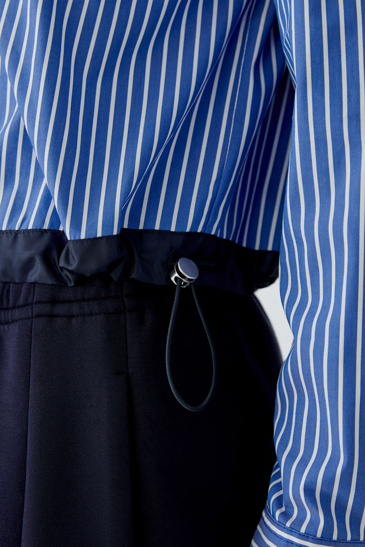 Oui blue white stripe drawstring waist blouse at Olivia Grace Fashion