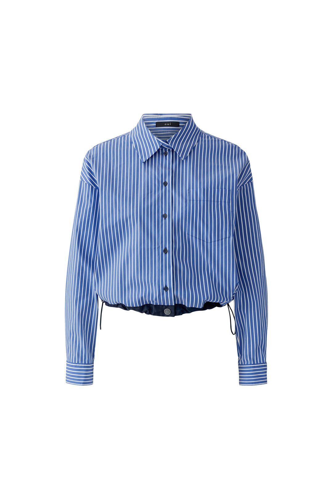 Oui blue white stripe drawstring waist blouse at Olivia Grace Fashion