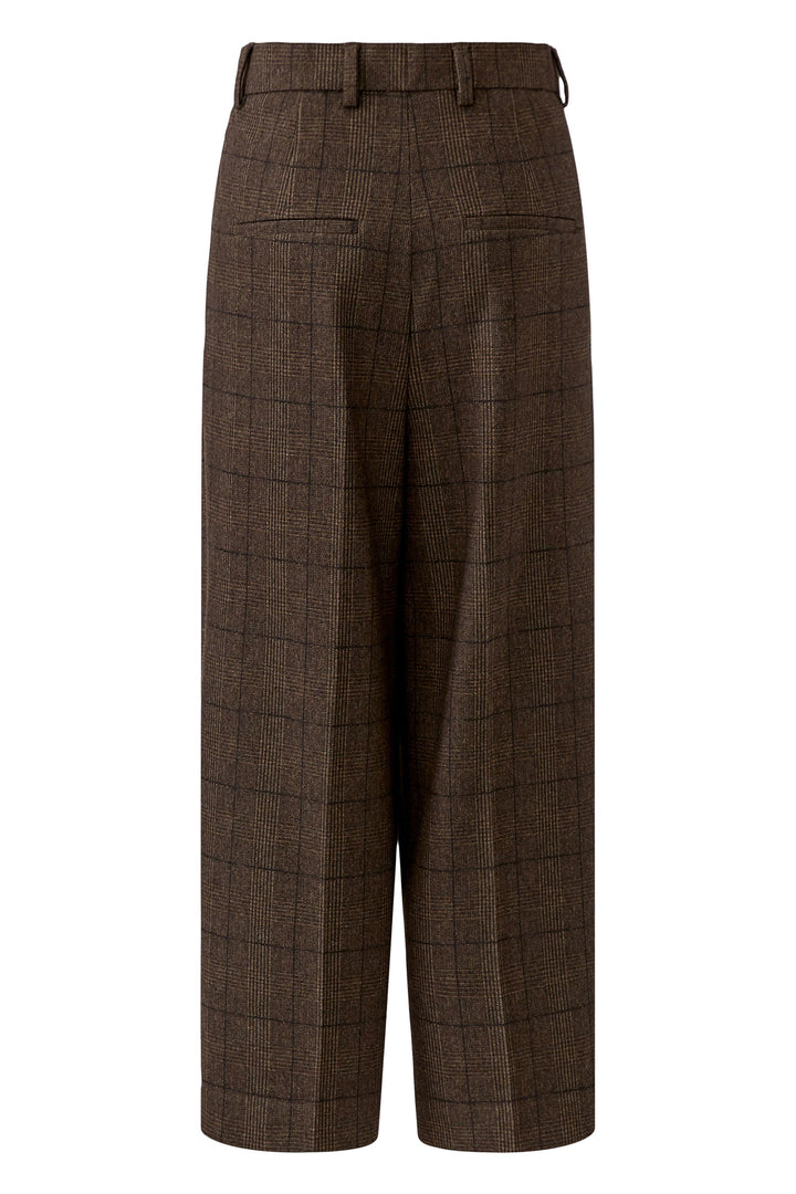 Oui Brown Dark Brown Check Pleat Front Trousers 100440 at Olivia Grace Fashion