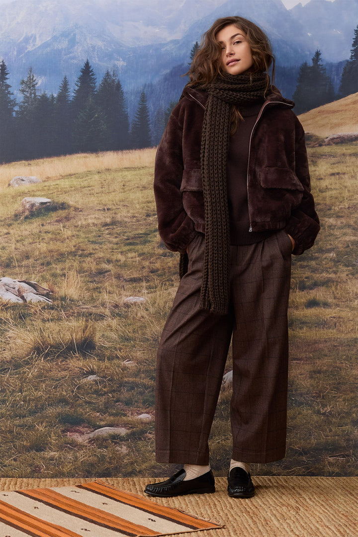 Oui Brown Dark Brown Check Pleat Front Trousers 100440 0848, styled full length view on model