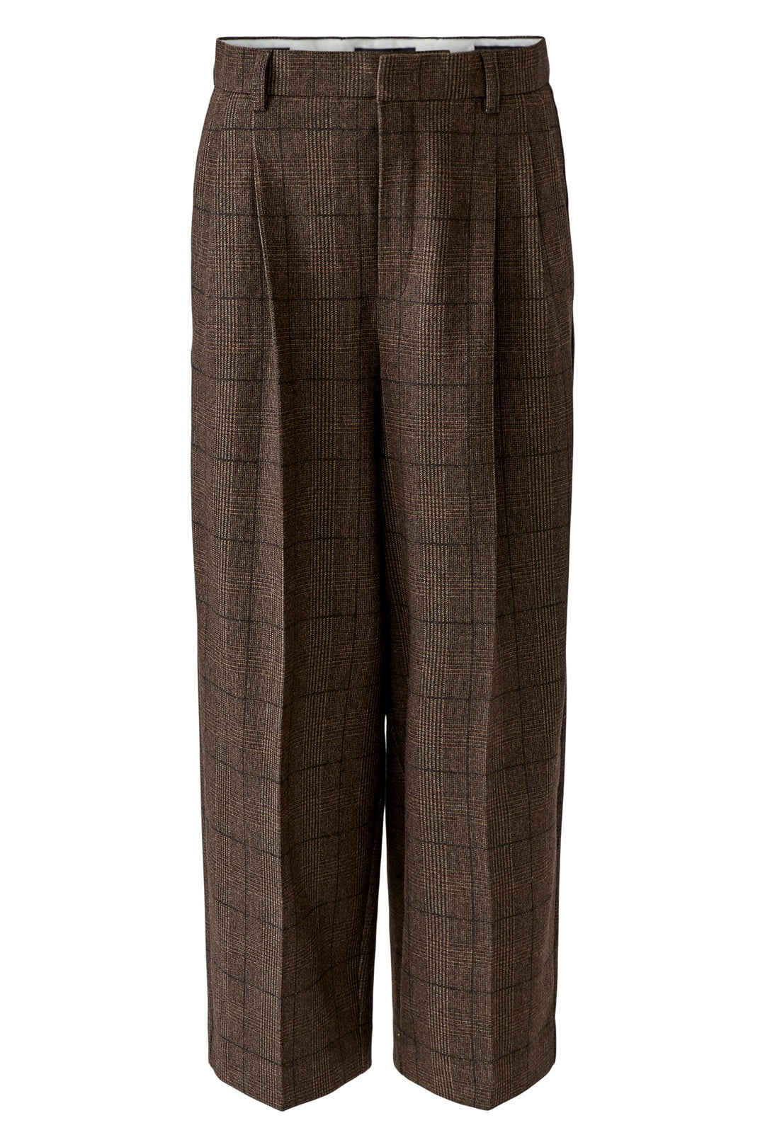 Oui Brown Dark Brown Check Pleat Front Trousers 100440 at Olivia Grace Fashion