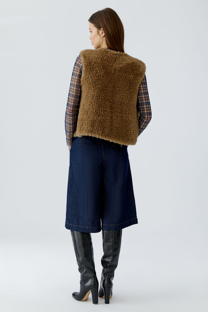 Oui Brown Faux Fur Knit Gilet Waistcoat 98077