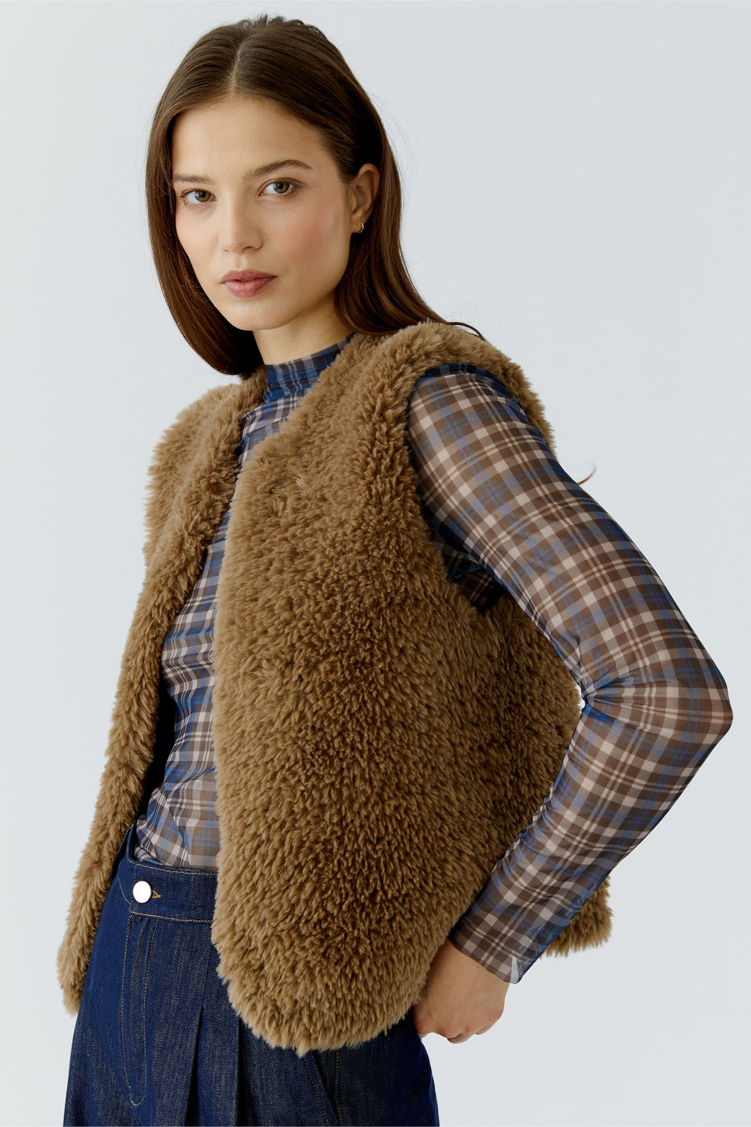 Oui Brown Faux Fur Knit Gilet Waistcoat 98077