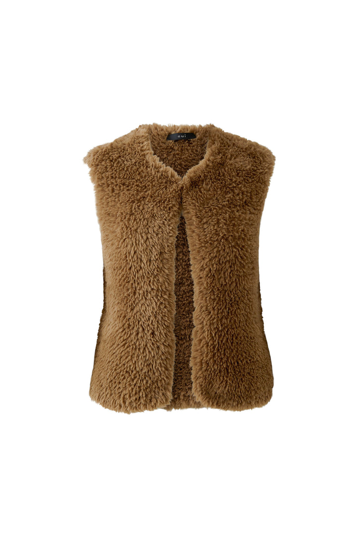 Oui Brown Faux Fur Knit Gilet Waistcoat 98077