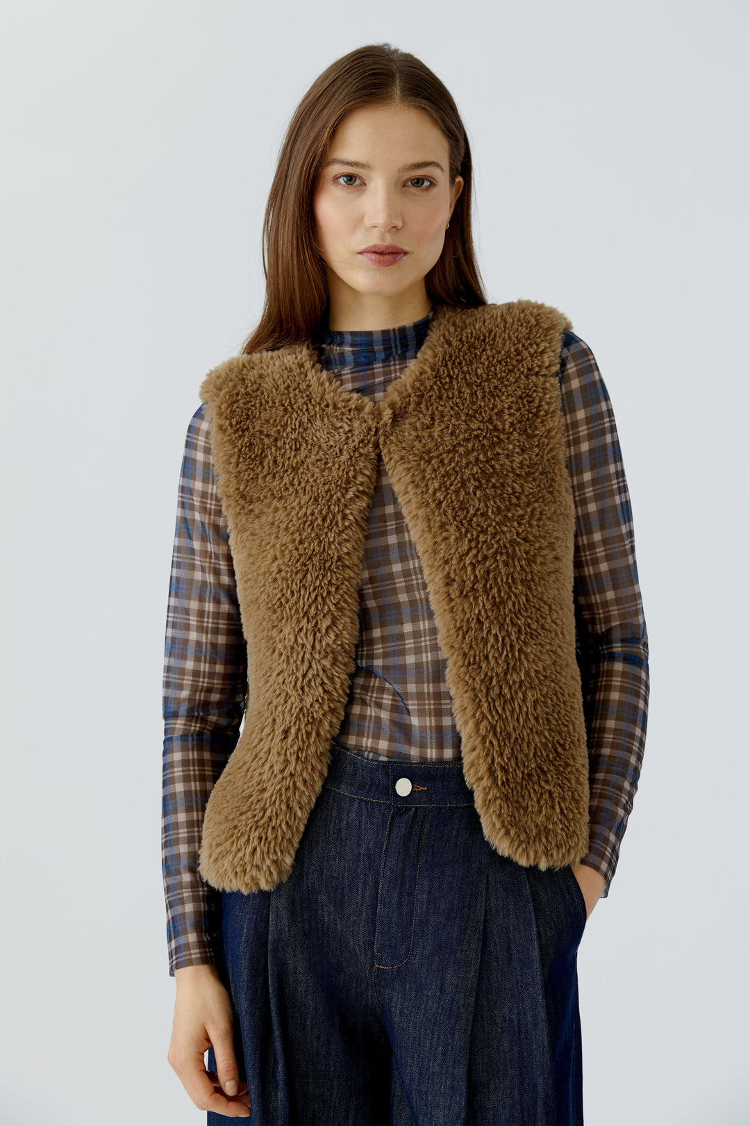 Oui Brown Faux Fur Knit Gilet Waistcoat 98077