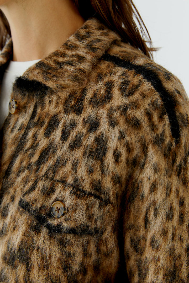 Oui Camel Grey Animal Print Knit Jacket Cardigan 100043 0749, pocket and button detail
