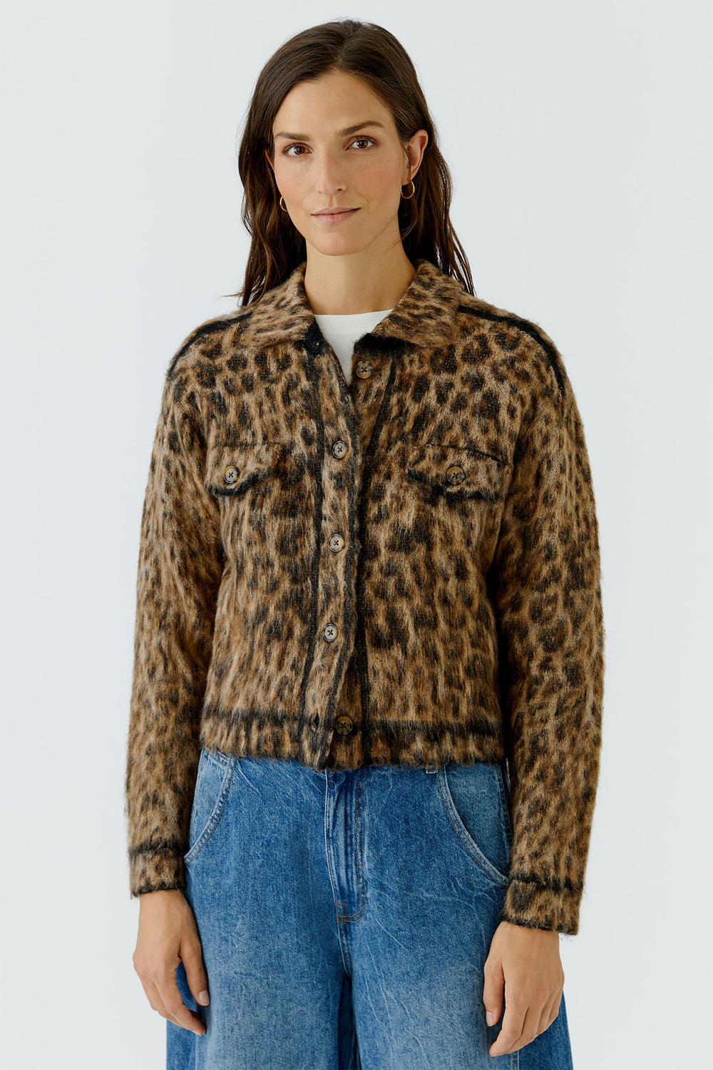 Oui Camel Grey Animal Print Knit Jacket Cardigan 100043 0749, front view on model