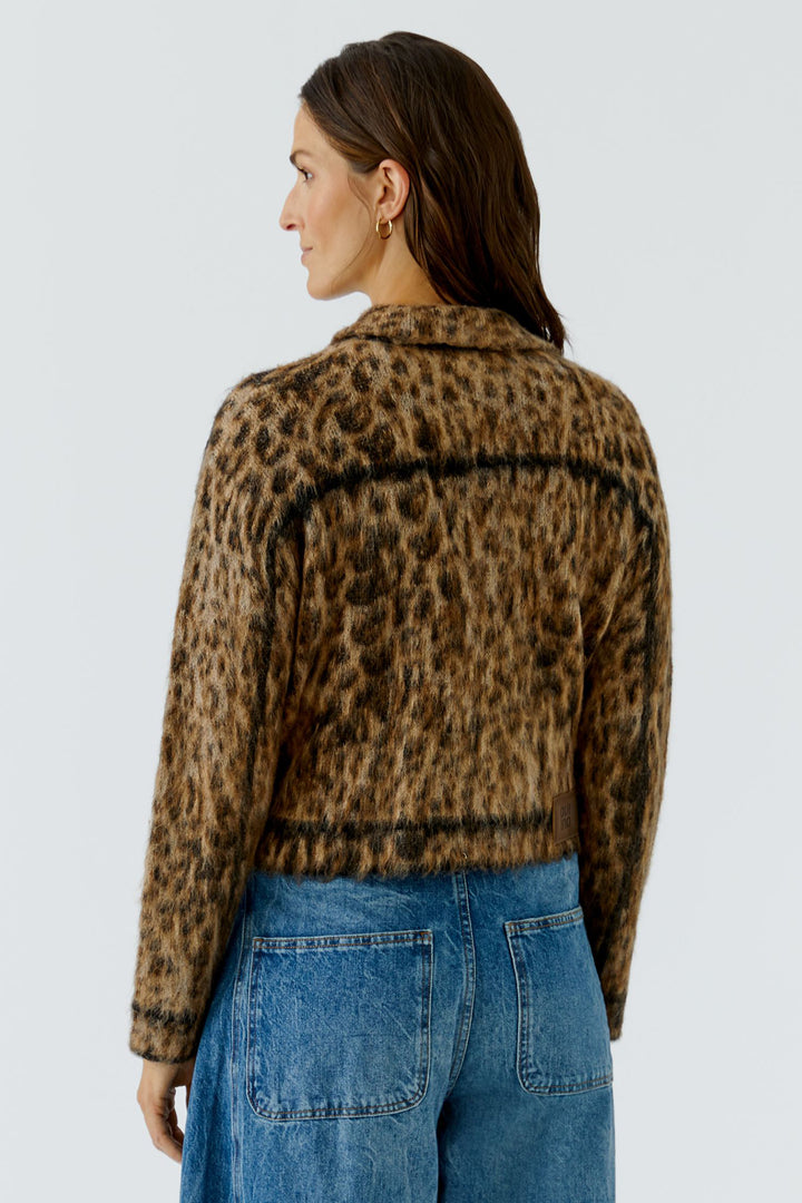 Oui Camel Grey Animal Print Knit Jacket Cardigan 100043 0749, three quarter back view on model