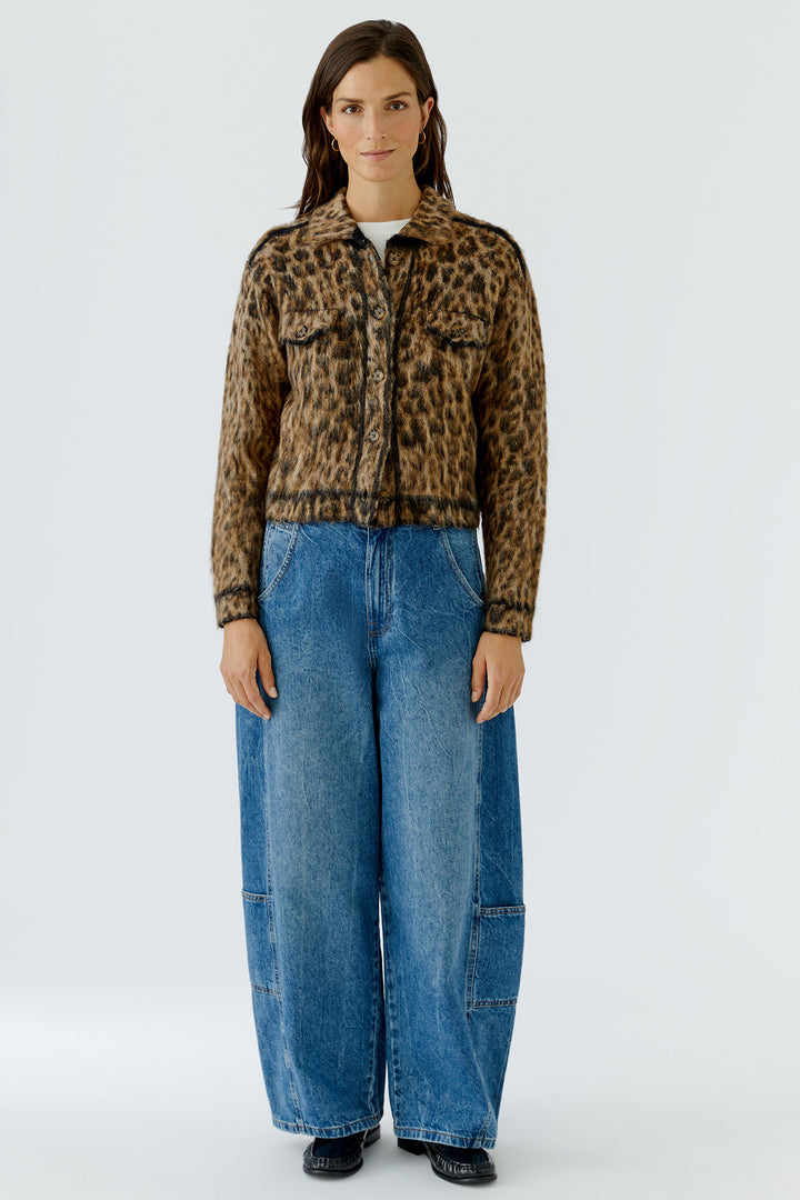 Oui Camel Grey Animal Print Knit Jacket Cardigan 100043 0749, full length front view on model