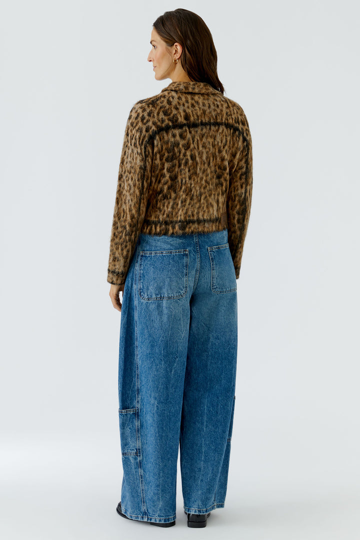 Oui Camel Grey Animal Print Knit Jacket Cardigan 100043 0749, full length back view on model