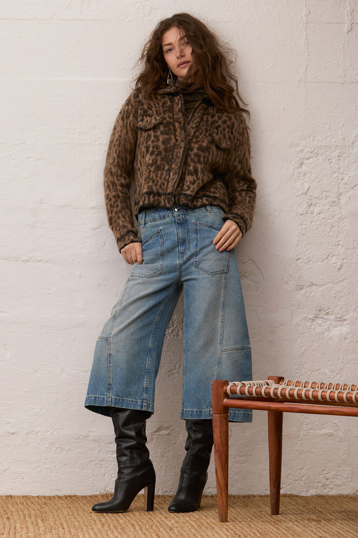 Oui Camel Grey Animal Print Knit Jacket Cardigan 100043 0749, styled full length view on model