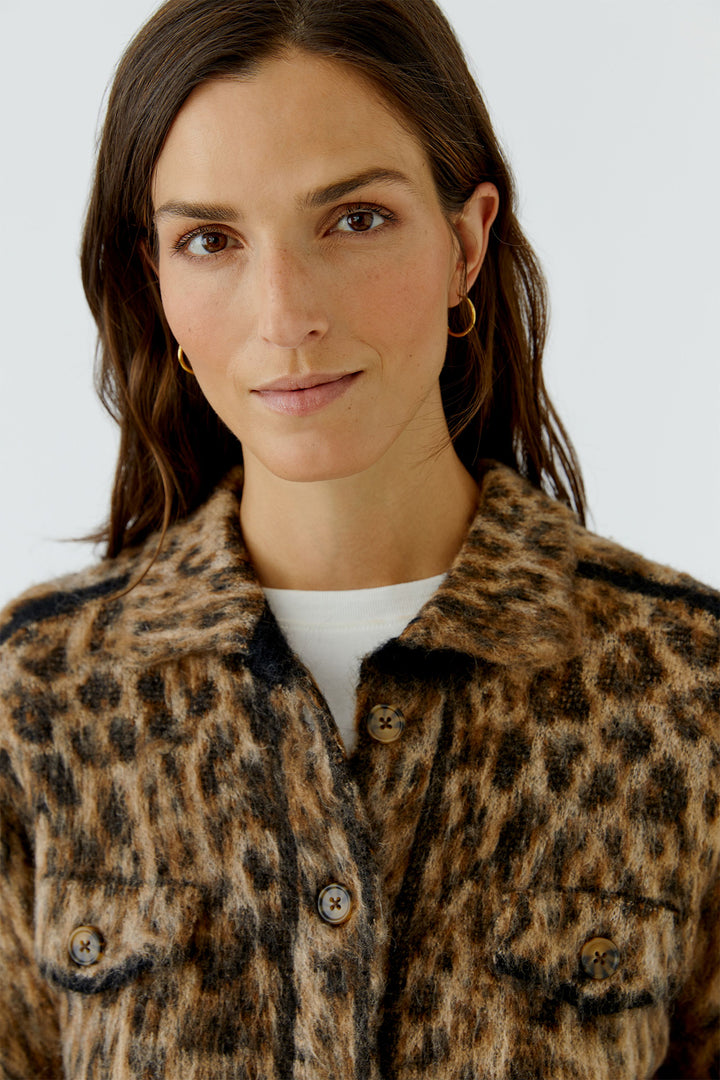 Oui Camel Grey Animal Print Knit Jacket Cardigan 100043 0749, collar detail on model