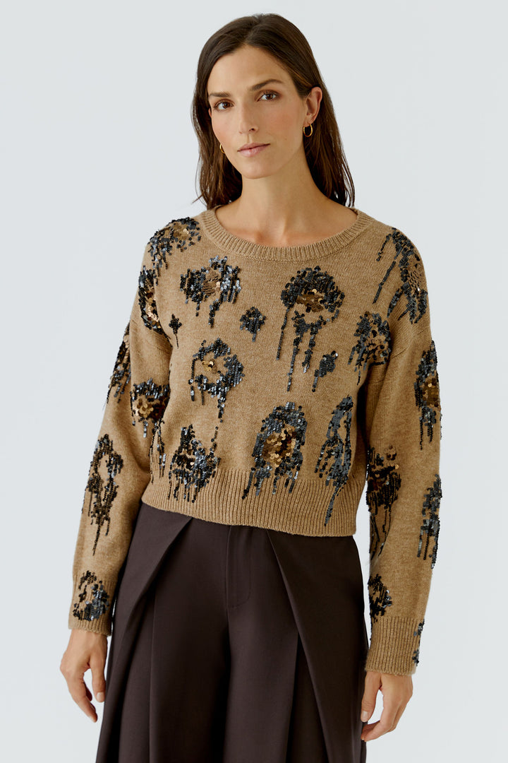 Oui Camel Sequin Detail Pullover Jumper 100086 7549, front view on model