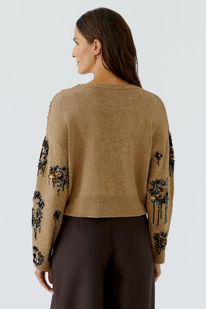 Oui Camel Sequin Detail Pullover Jumper 100086 7549, three quarter back view on model