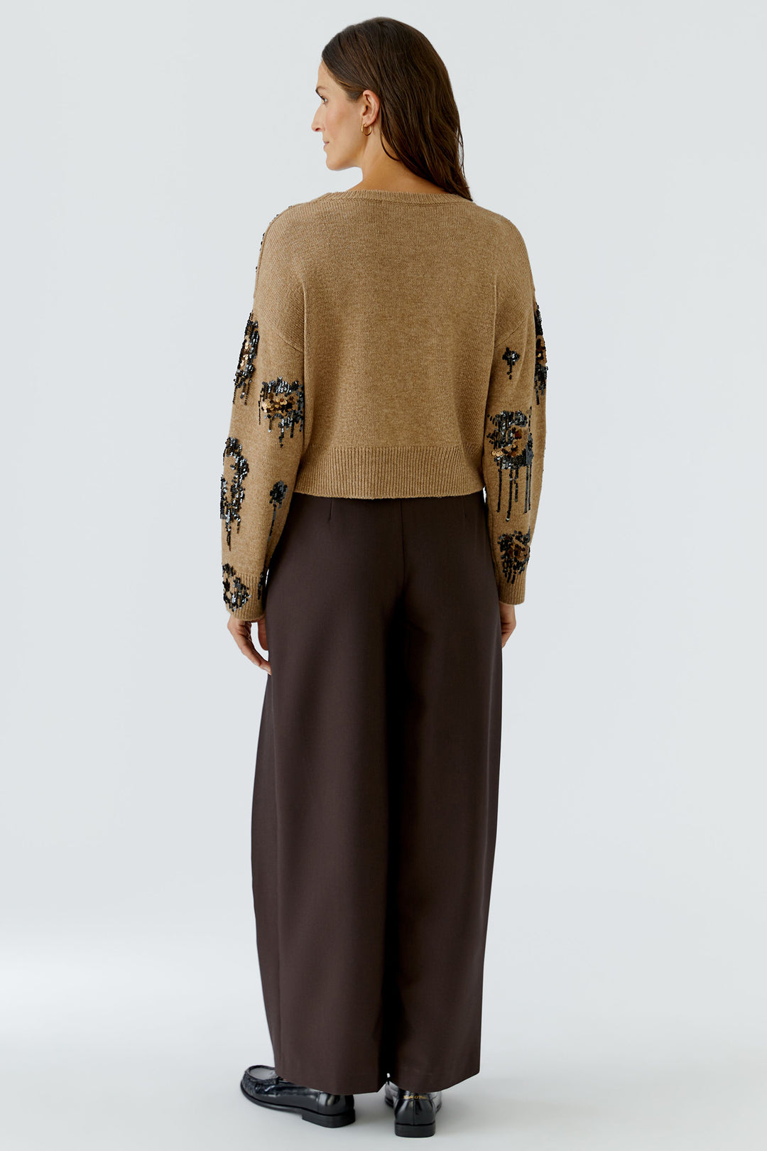 Oui Camel Sequin Detail Pullover Jumper 100086 7549, full length back view on model