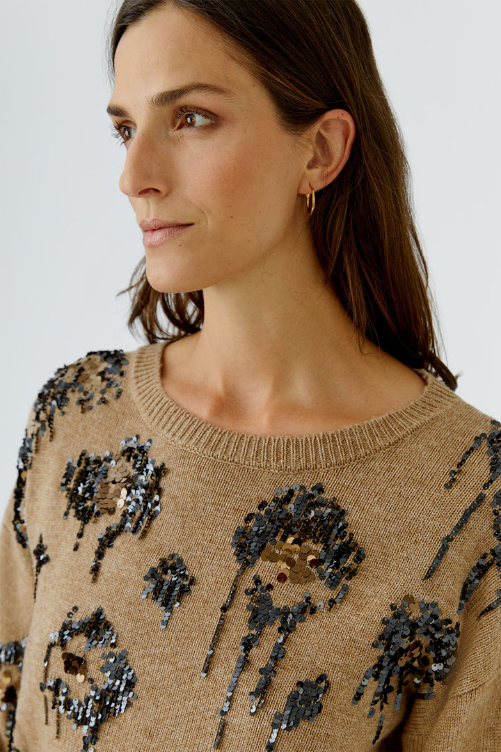 Oui Camel Sequin Detail Pullover Jumper 100086 7549, neckline and sequin detail on model
